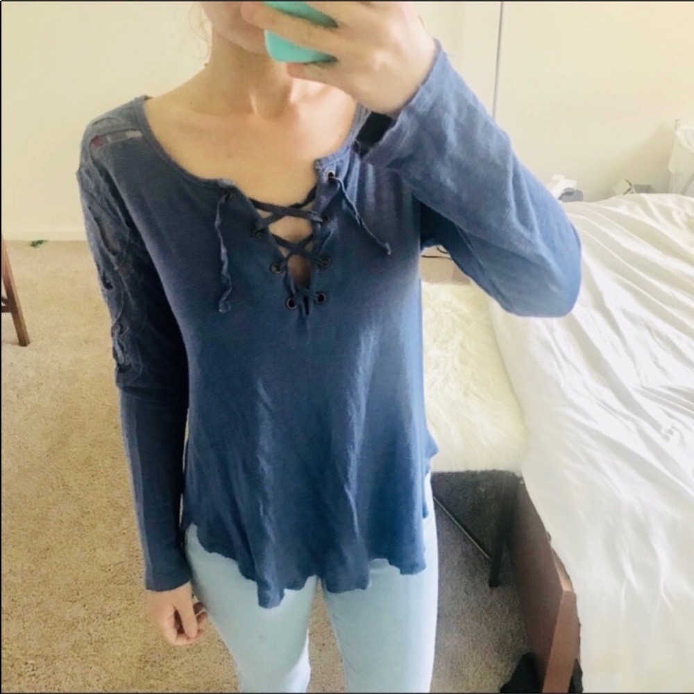 Free people blue lace up crotchet top